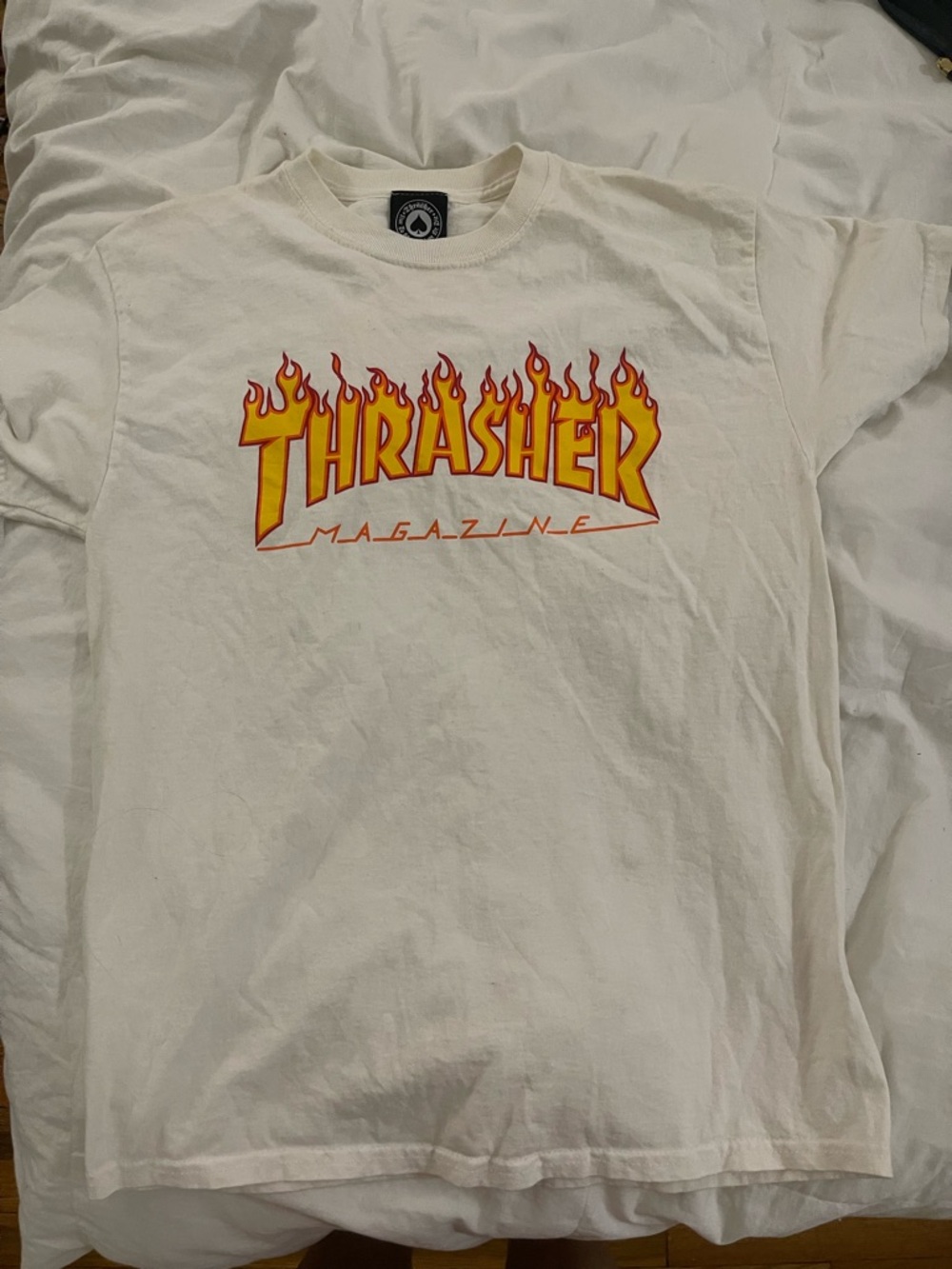 Thrasher Cream Tee with Yellow and Red Flame Logo
